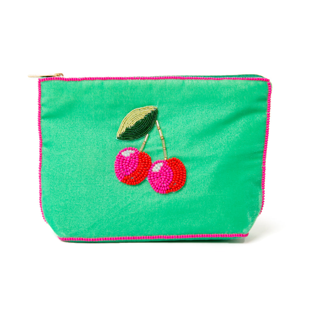 The My Doris Pouch in green Cherryade beading with beaded trim around the edges