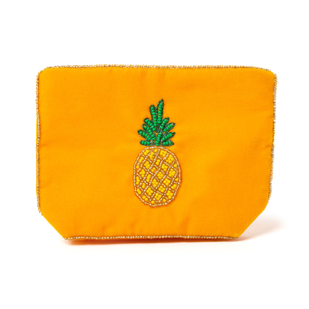 The My Doris Pouch in yellow pineapple pina colada beading with beaded trim around the edges