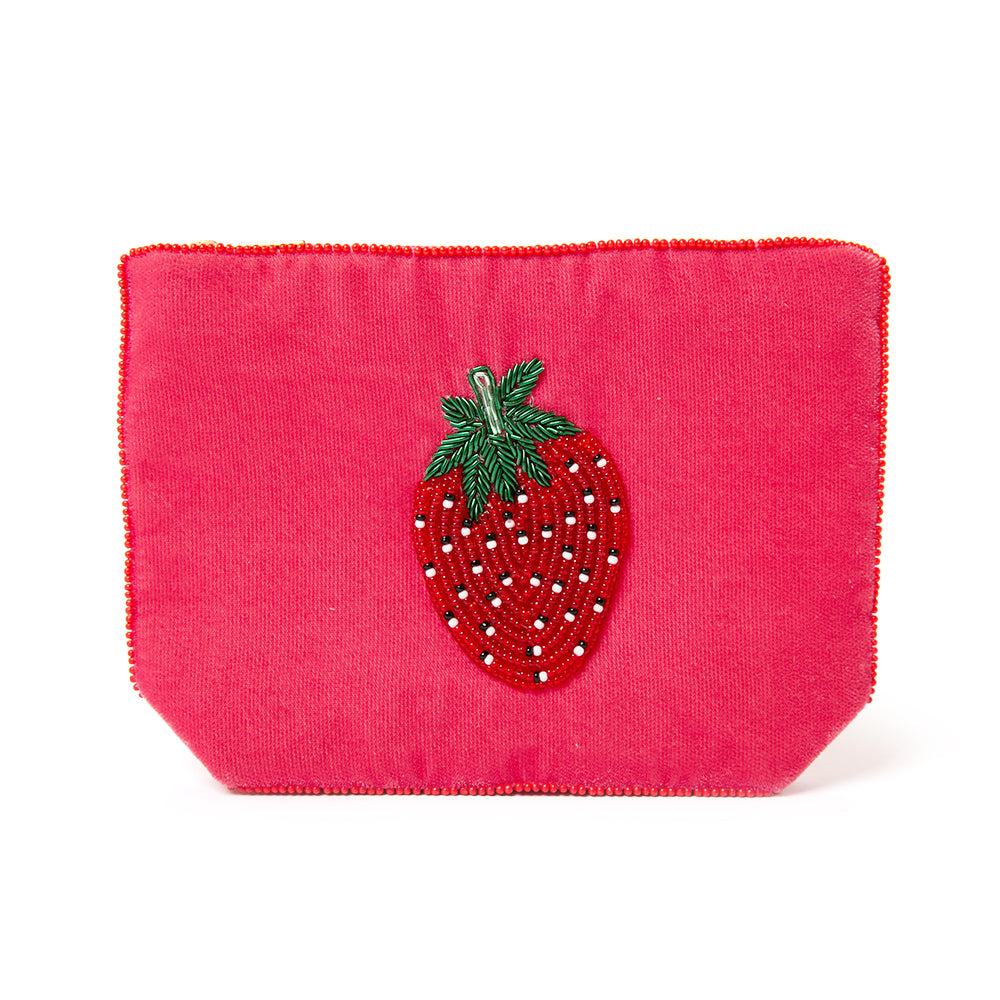 The My Doris Pouch in pink strawberry daquiri beading with beaded trim around the edges