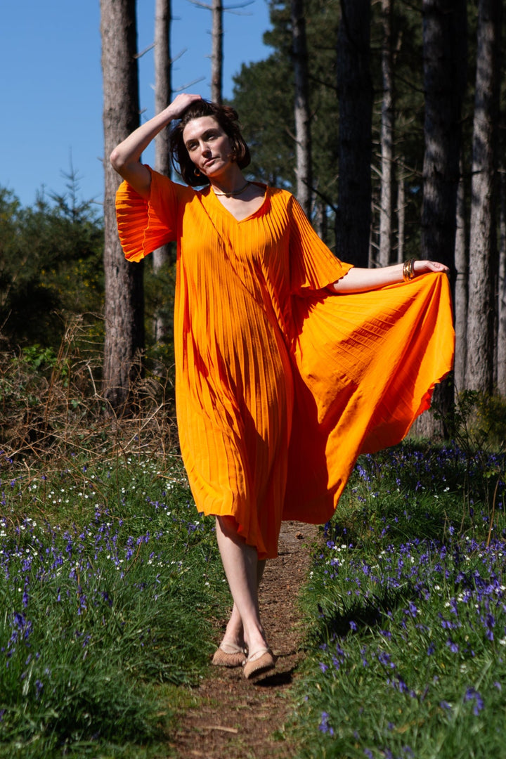 Pleated V-Neck Dress