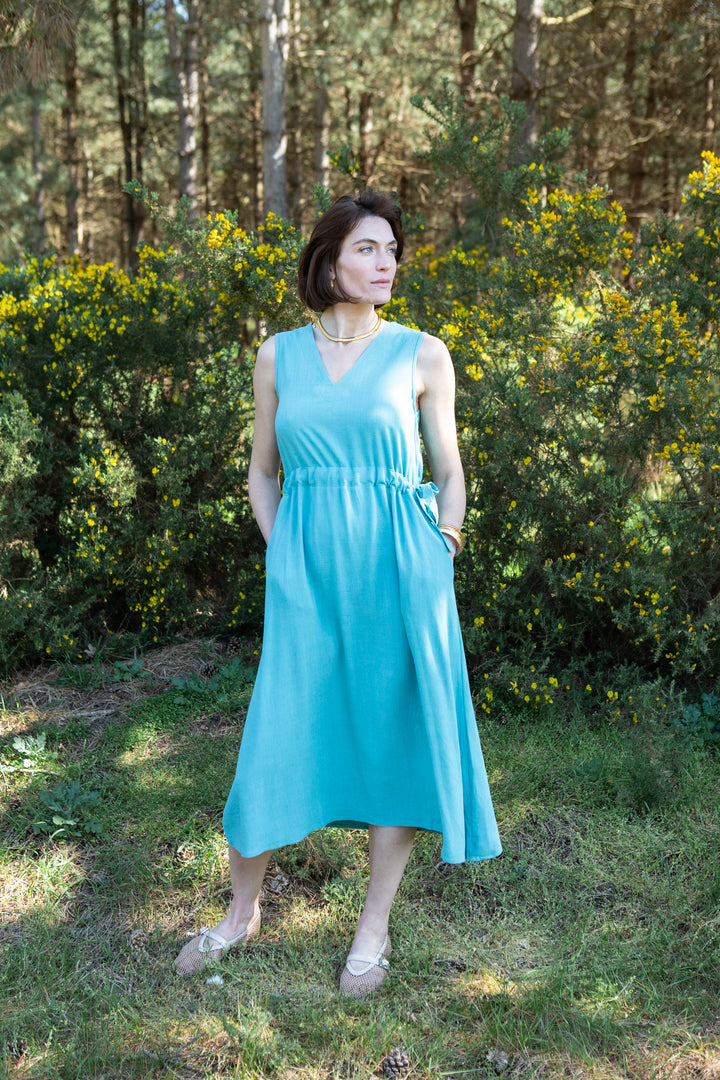 Linen Mix Sleeveless Drawstring Waist Dress