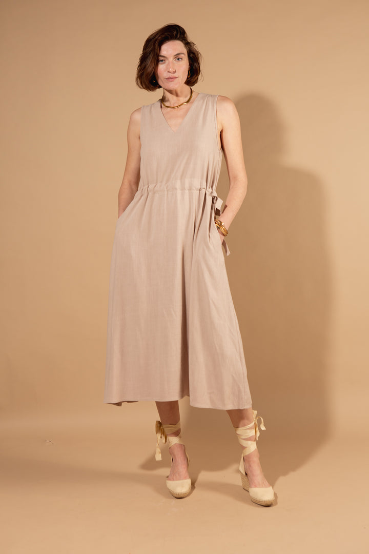 Linen Mix Sleeveless Drawstring Waist Dress