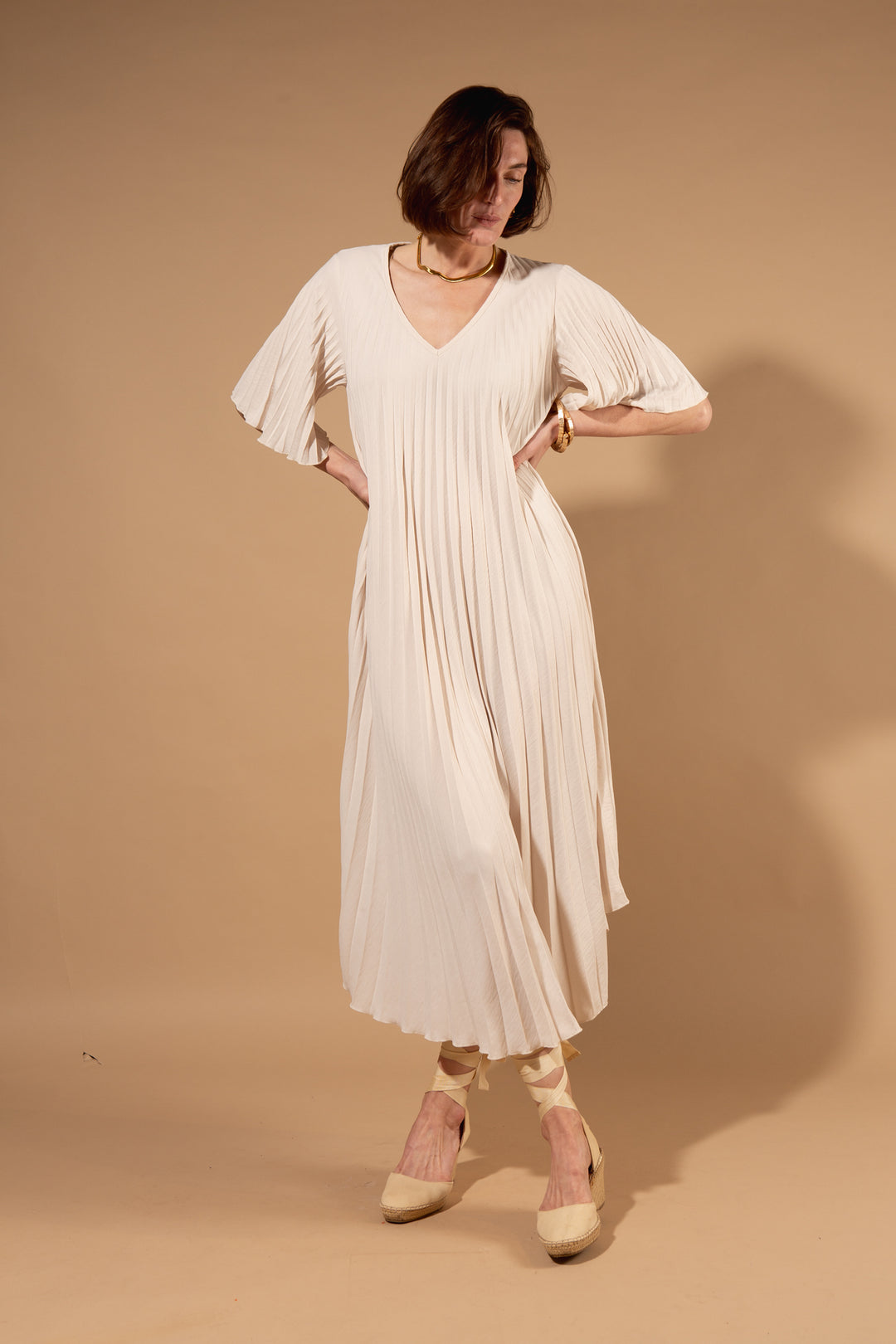 Pleated V-Neck Dress