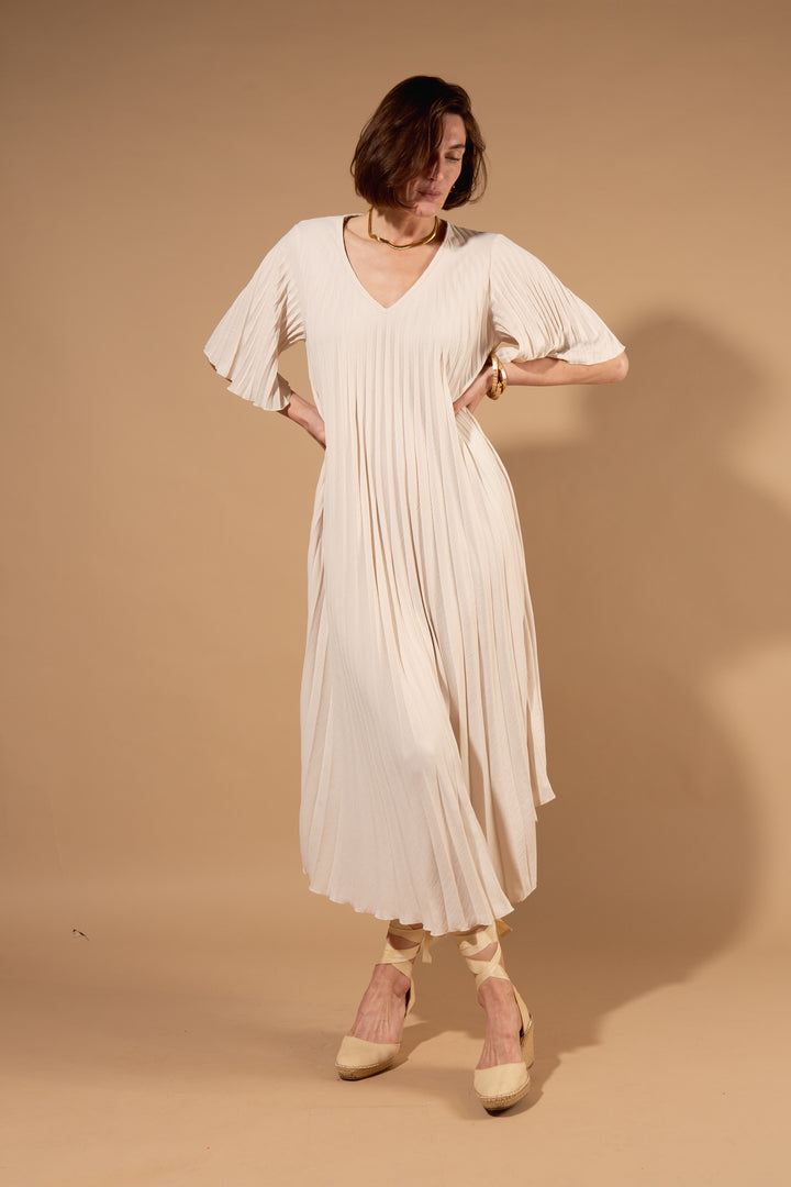 Pleated V-Neck Dress