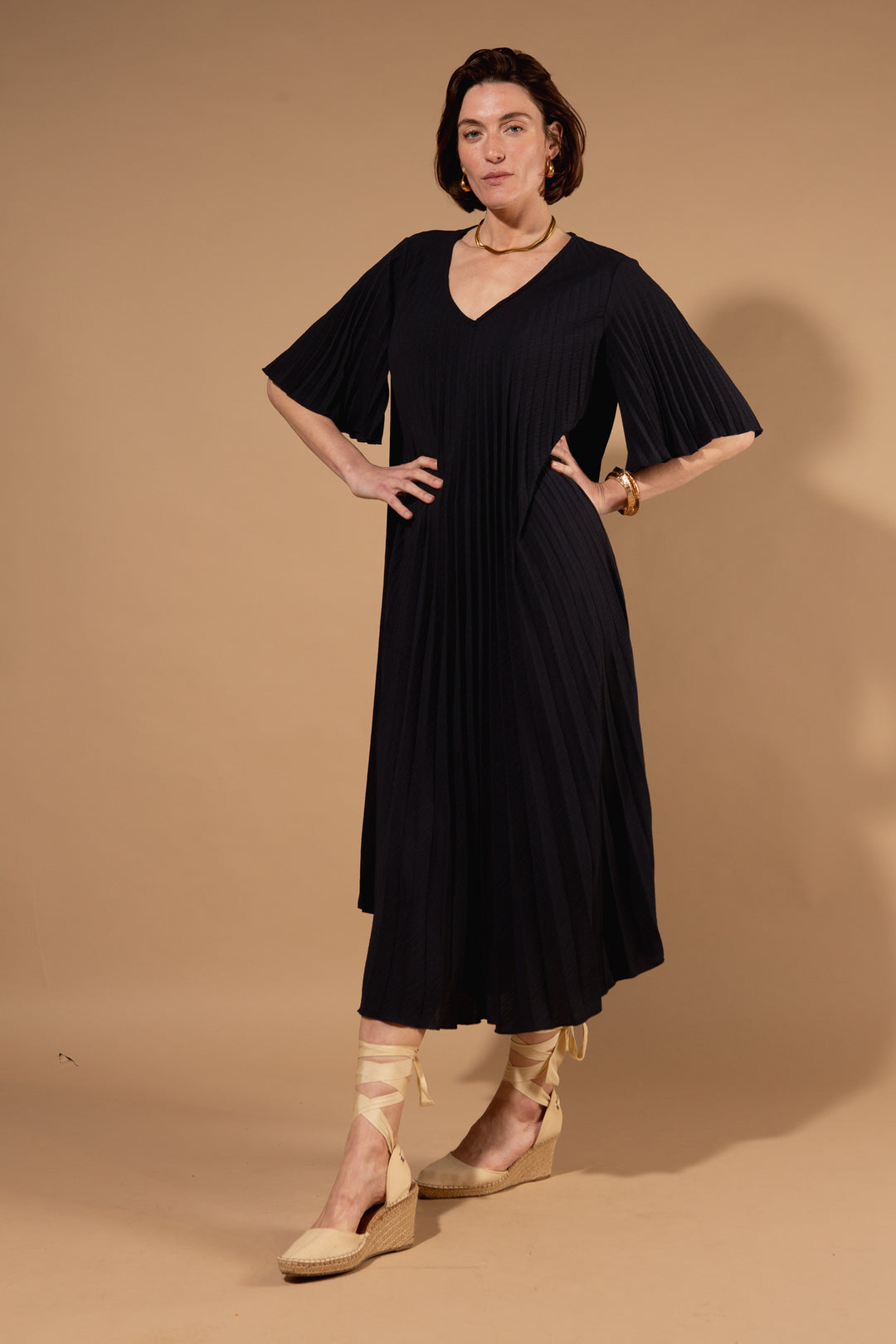 Pleated V-Neck Dress