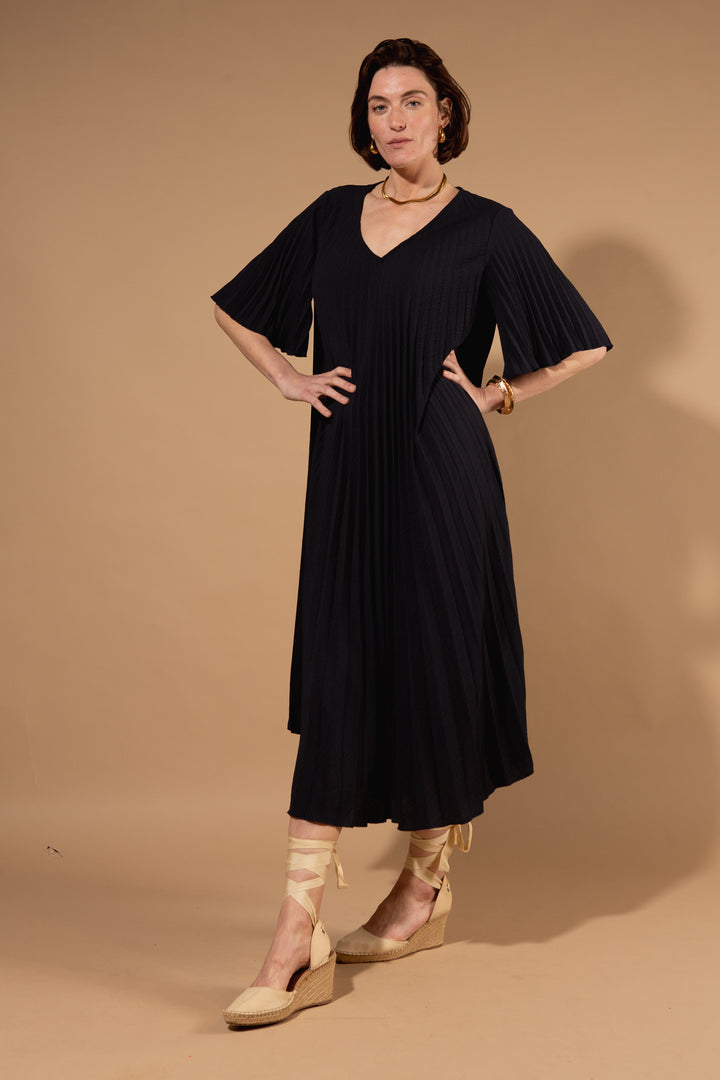 Pleated V-Neck Dress
