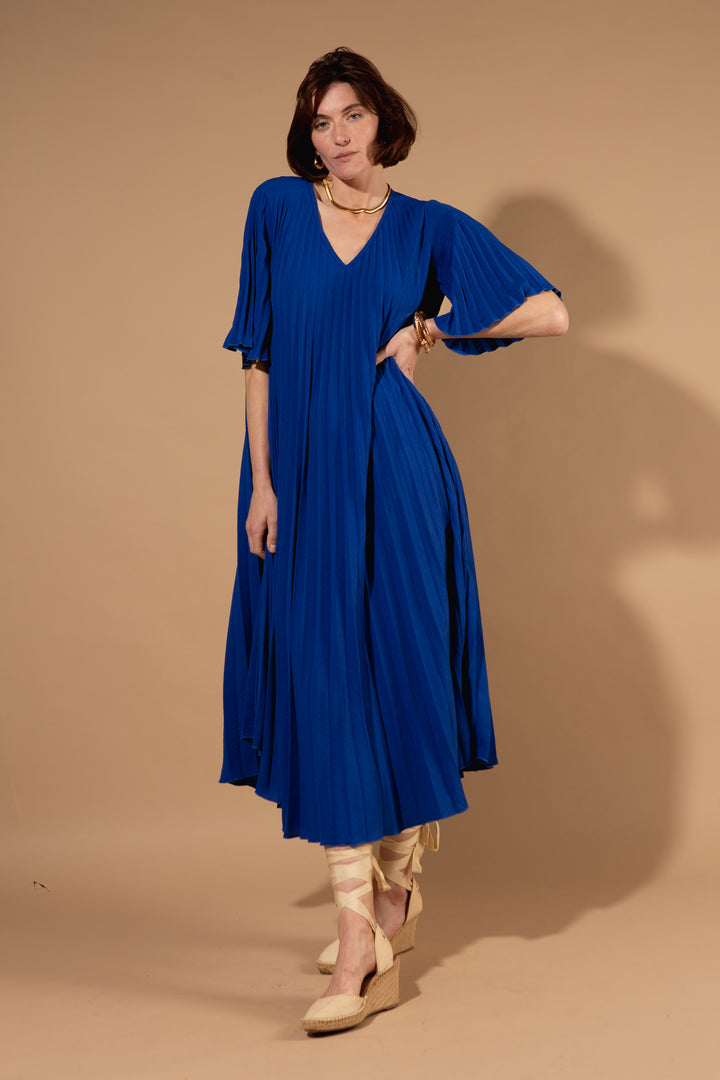 Pleated V-Neck Dress