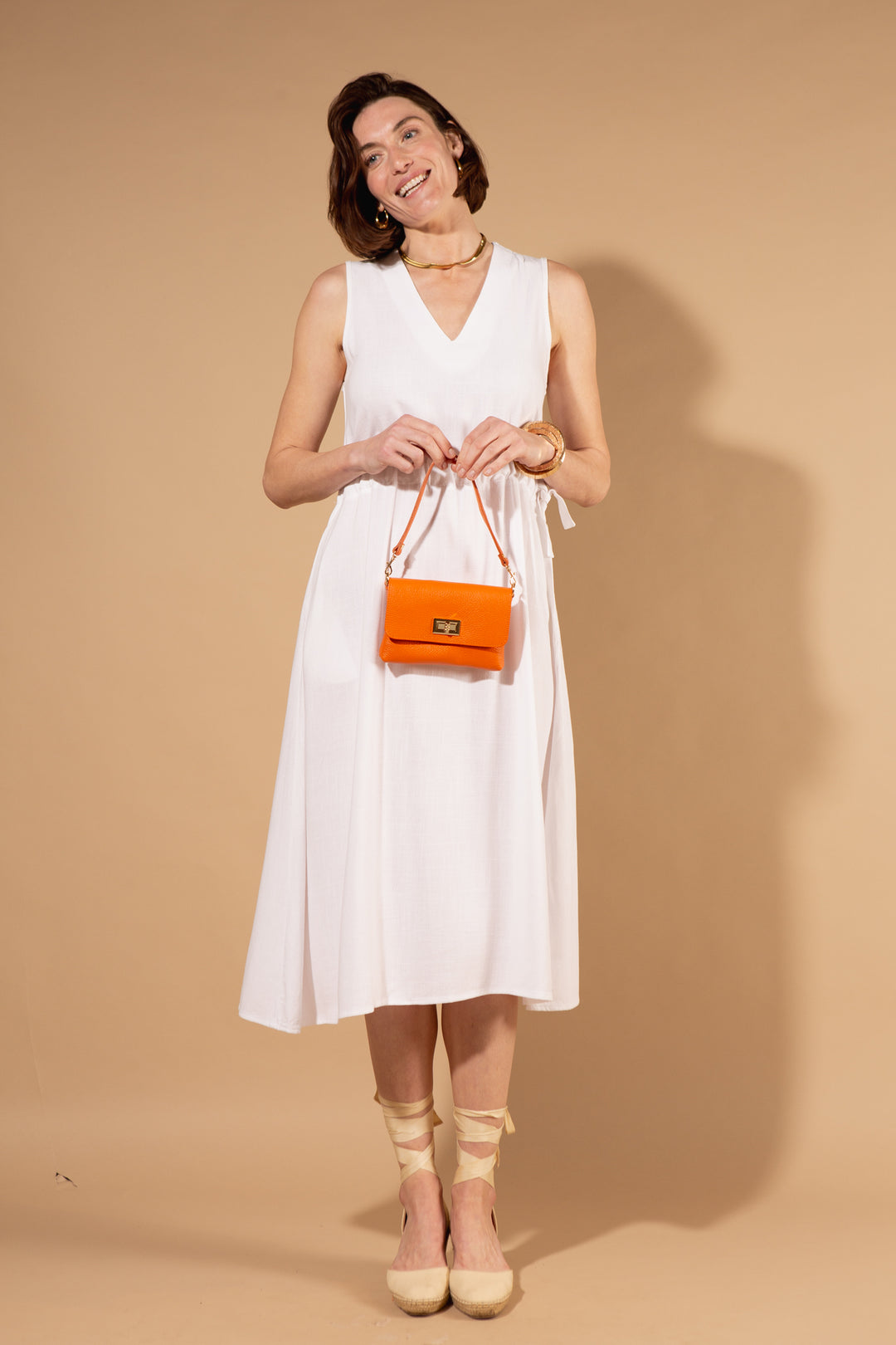 Linen Mix Sleeveless Drawstring Waist Dress