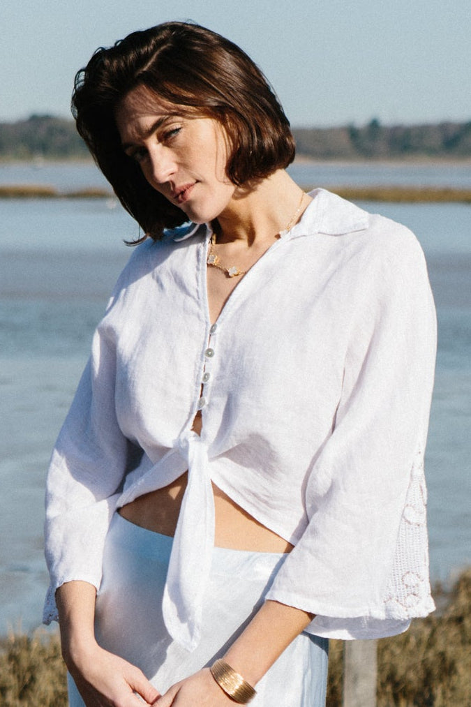 Linen Tie Front Cropped Shirt