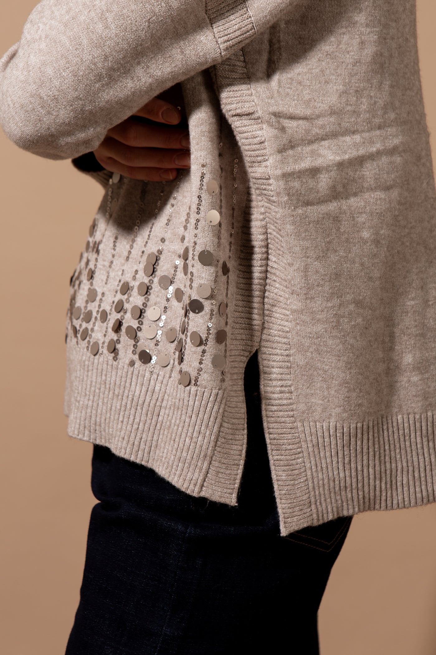 Roll Neck Sequin Front Jumper