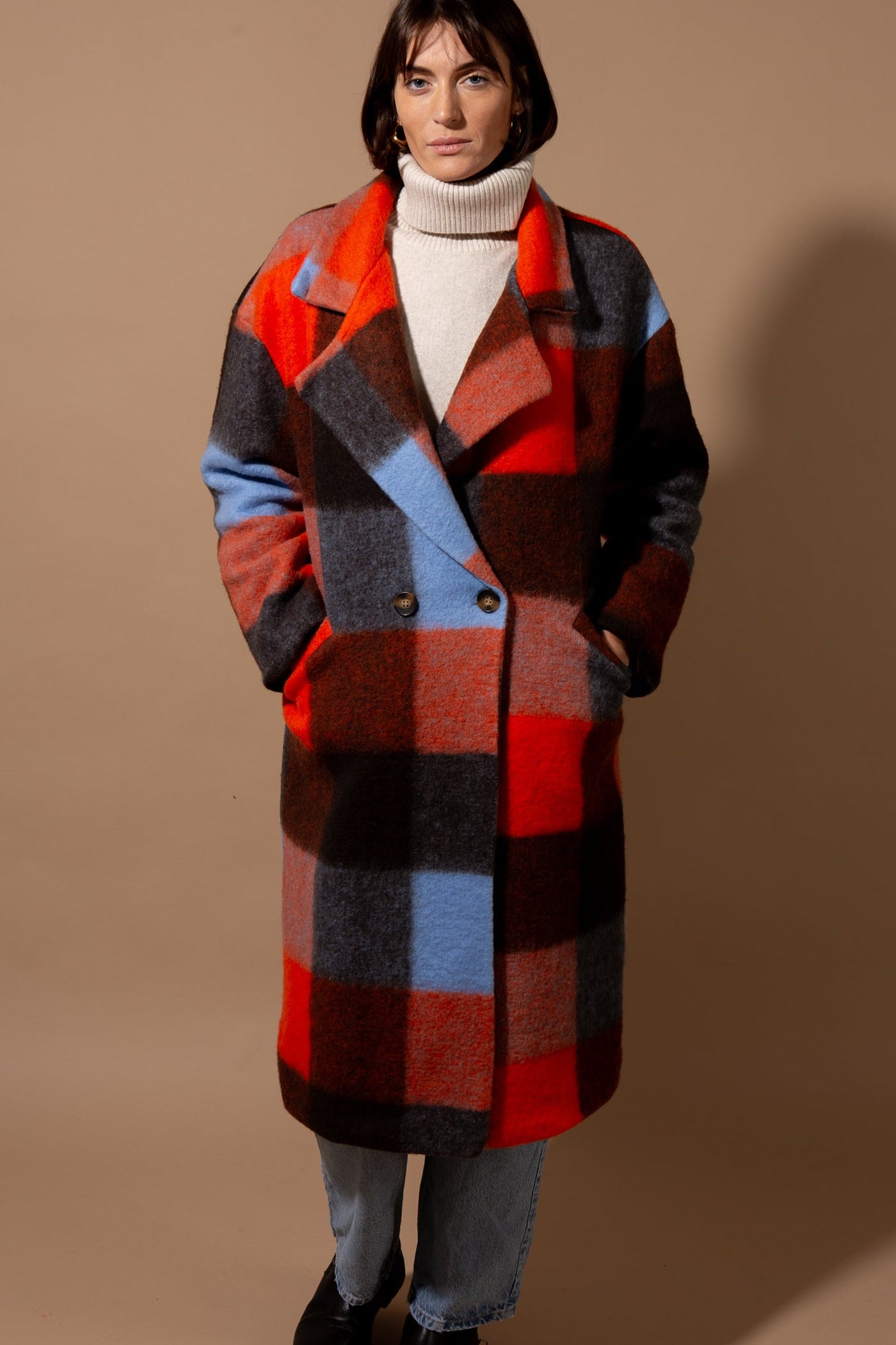 Wool Blend Checked Blanket Coat