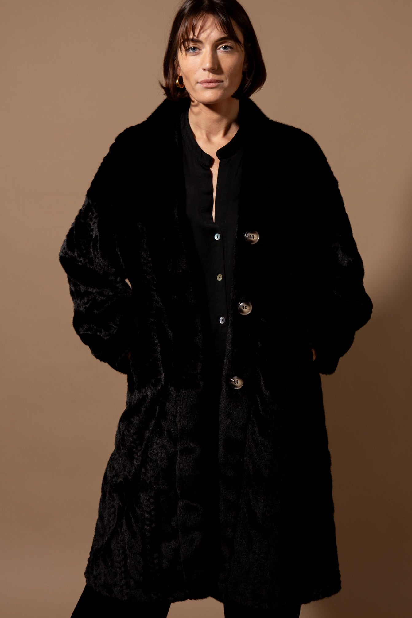 Cable Knit Faux Fur Long Coat