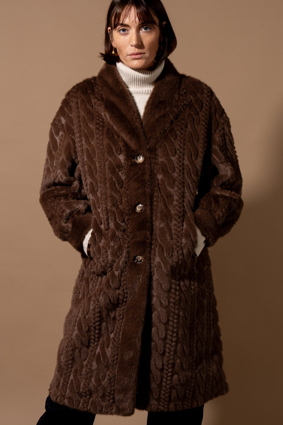 Cable Knit Faux Fur Long Coat