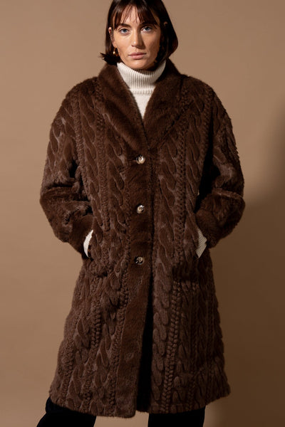 Cable Knit Faux Fur Long Coat