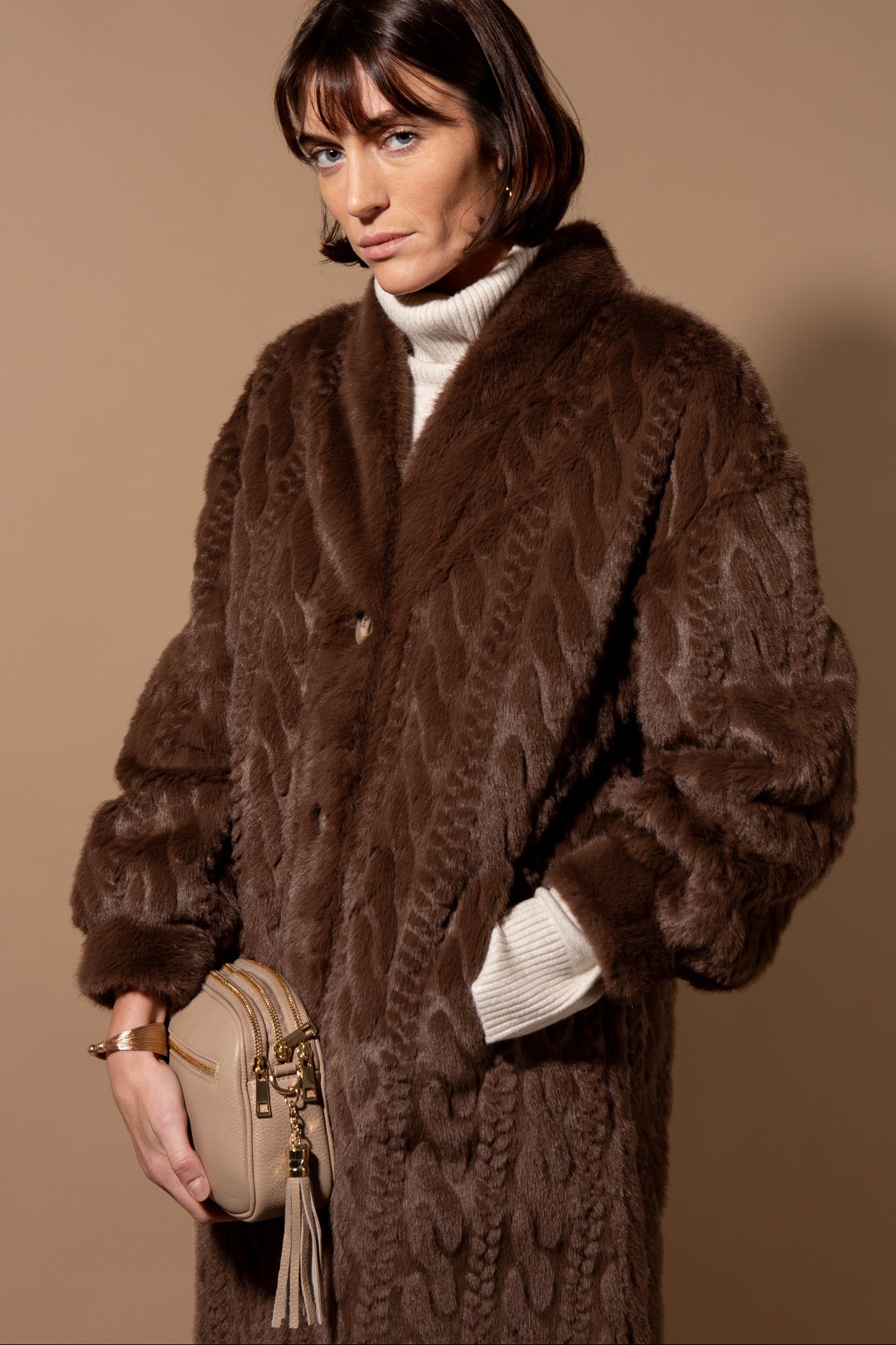 Cable Knit Faux Fur Long Coat