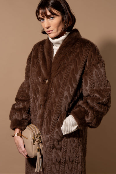 Cable Knit Faux Fur Long Coat