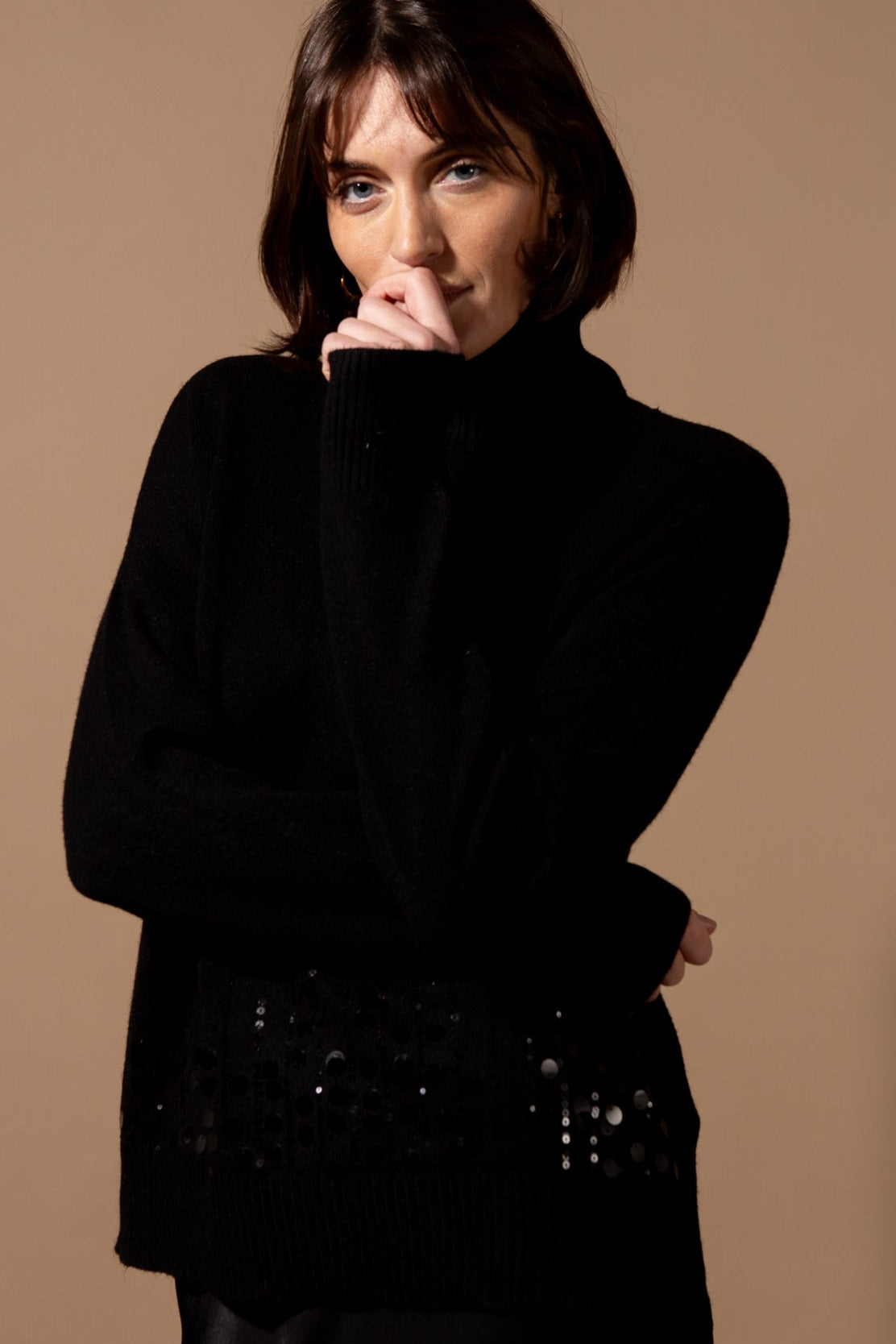 Roll Neck Sequin Front Jumper