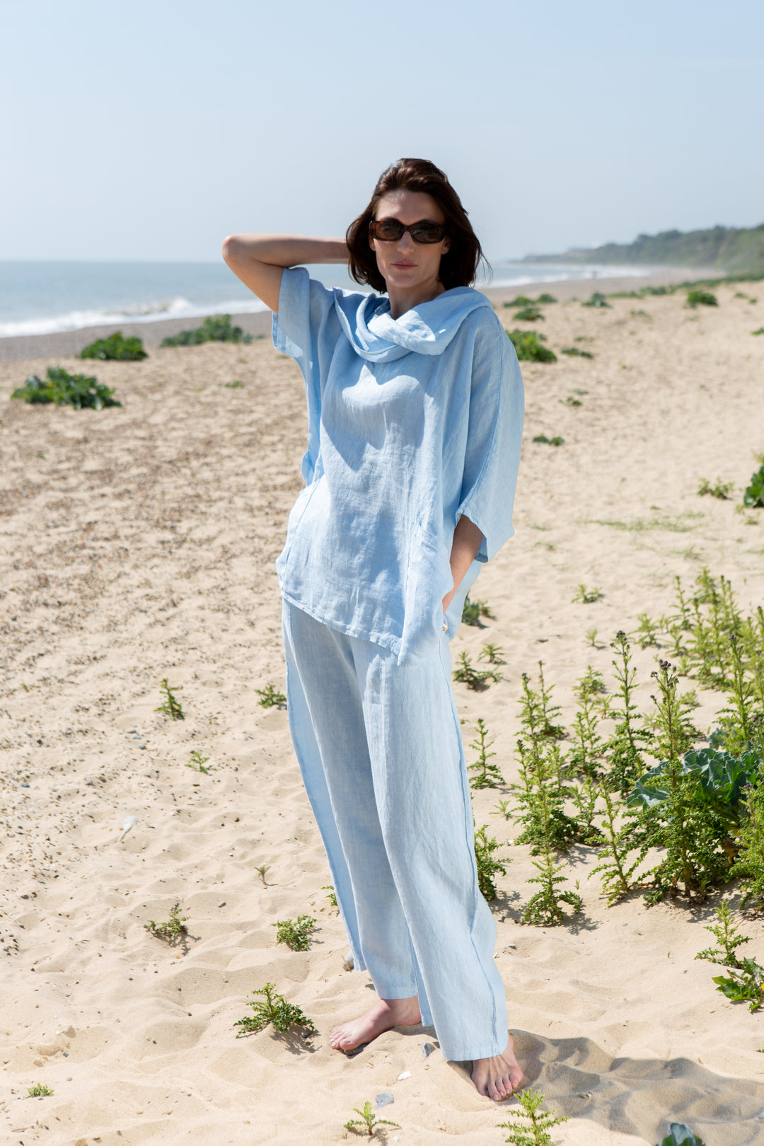 Linen Cowl Neck Two Pocket Shirt