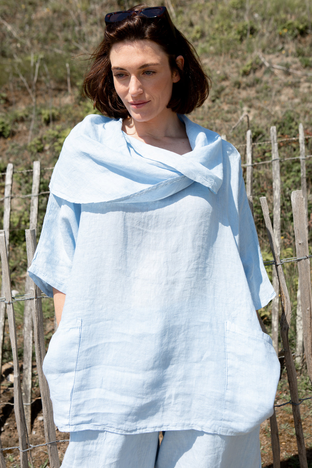 Linen Cowl Neck Two Pocket Shirt