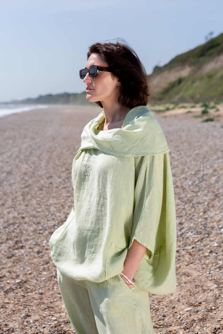 Linen Cowl Neck Two Pocket Shirt