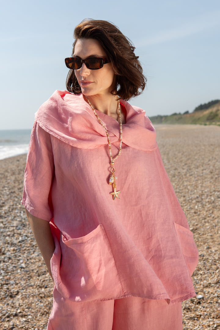 Linen Cowl Neck Two Pocket Shirt