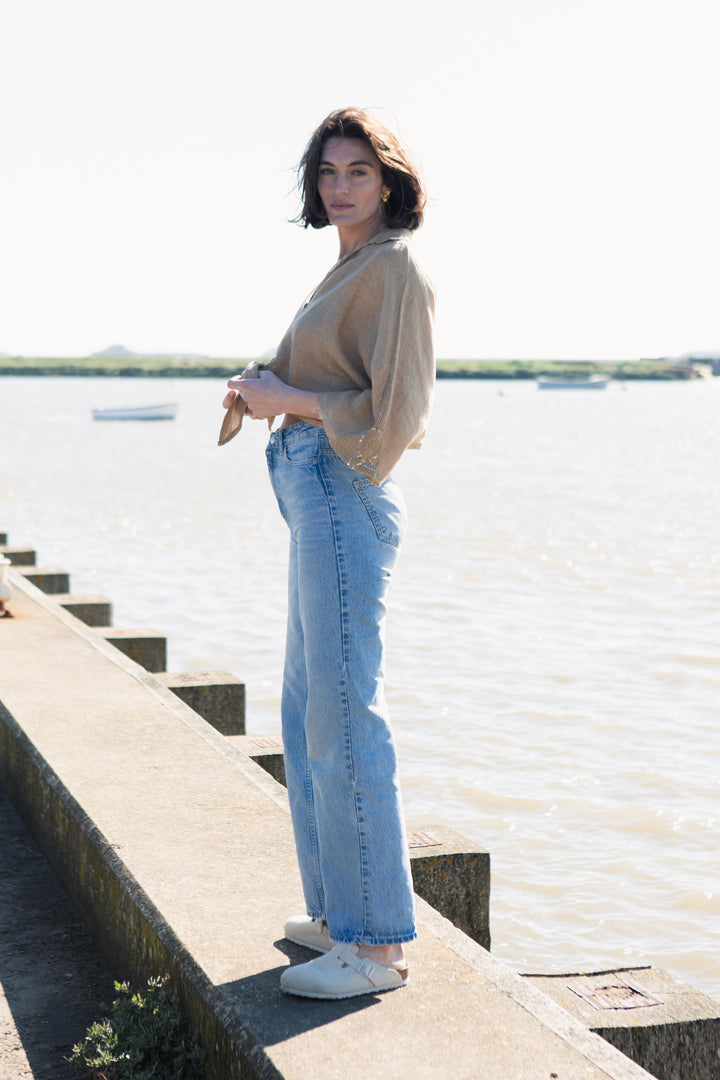 Linen Tie Front Cropped Shirt