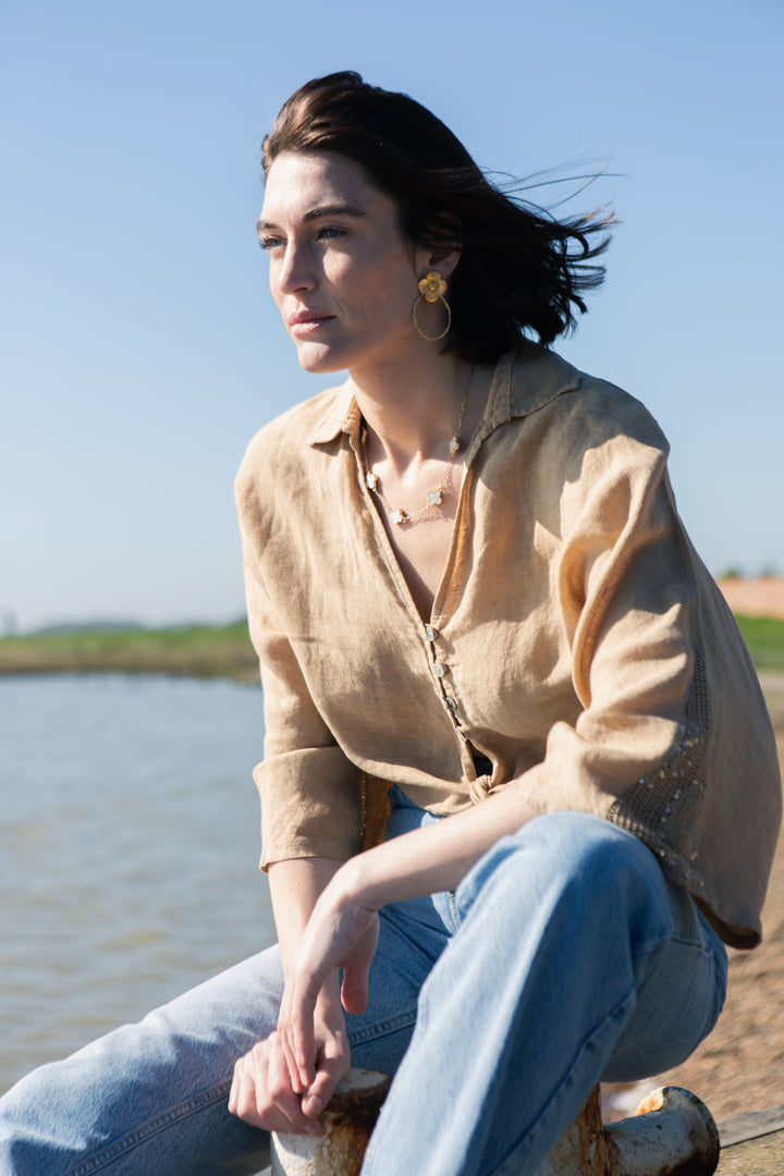 Linen Tie Front Cropped Shirt