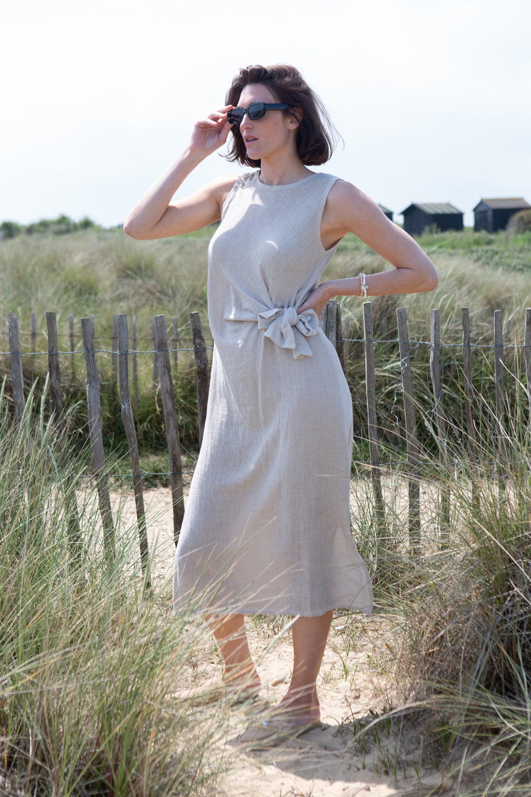 Linen Blend Tie Waist Dress
