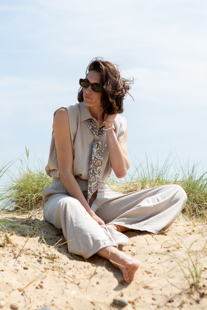 Cinched Waist Shirt with Paisley Scarf