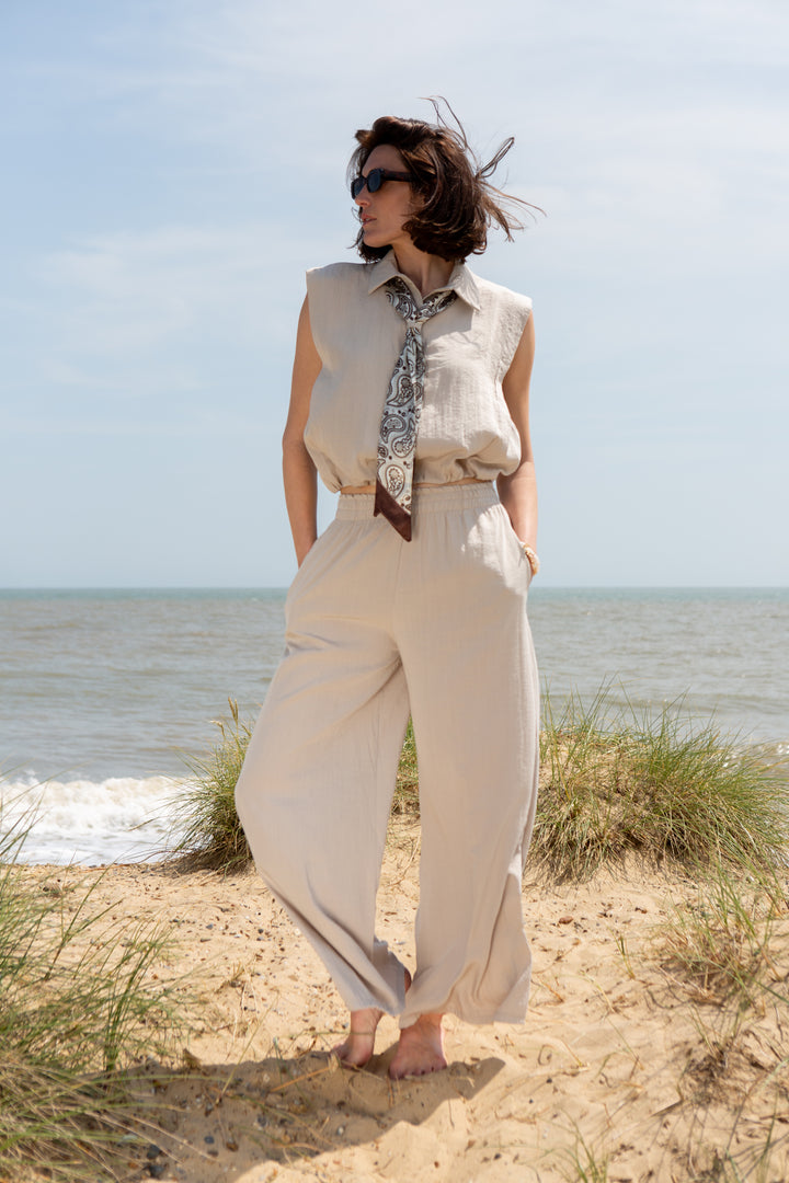 Cinched Waist Shirt with Paisley Scarf
