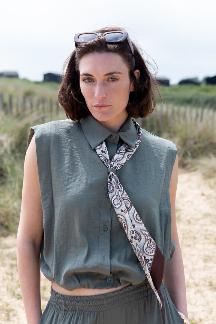Cinched Waist Shirt with Paisley Scarf