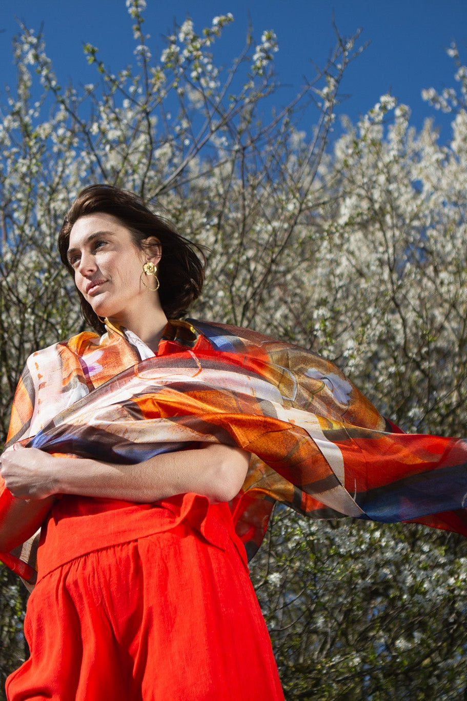 Flower Print Red Silk Scarf