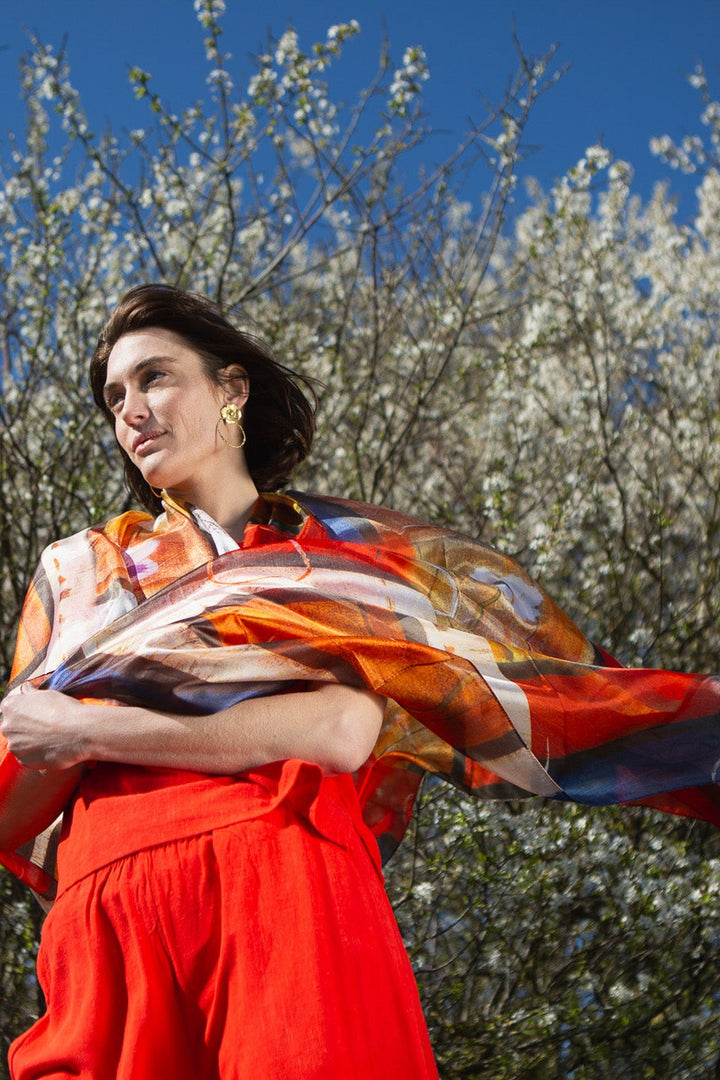 Flower Print Red Silk Scarf