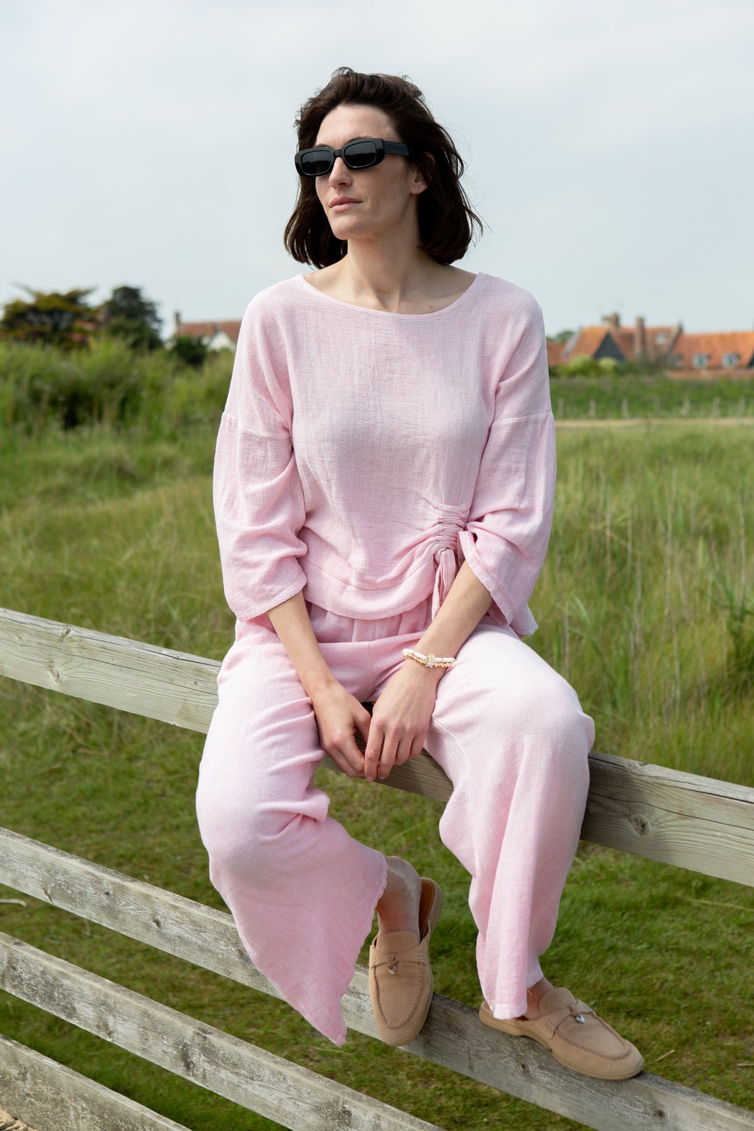 Linen Blend Drawstring Front Top