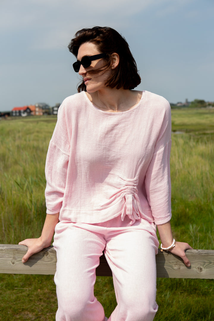 Linen Blend Drawstring Front Top