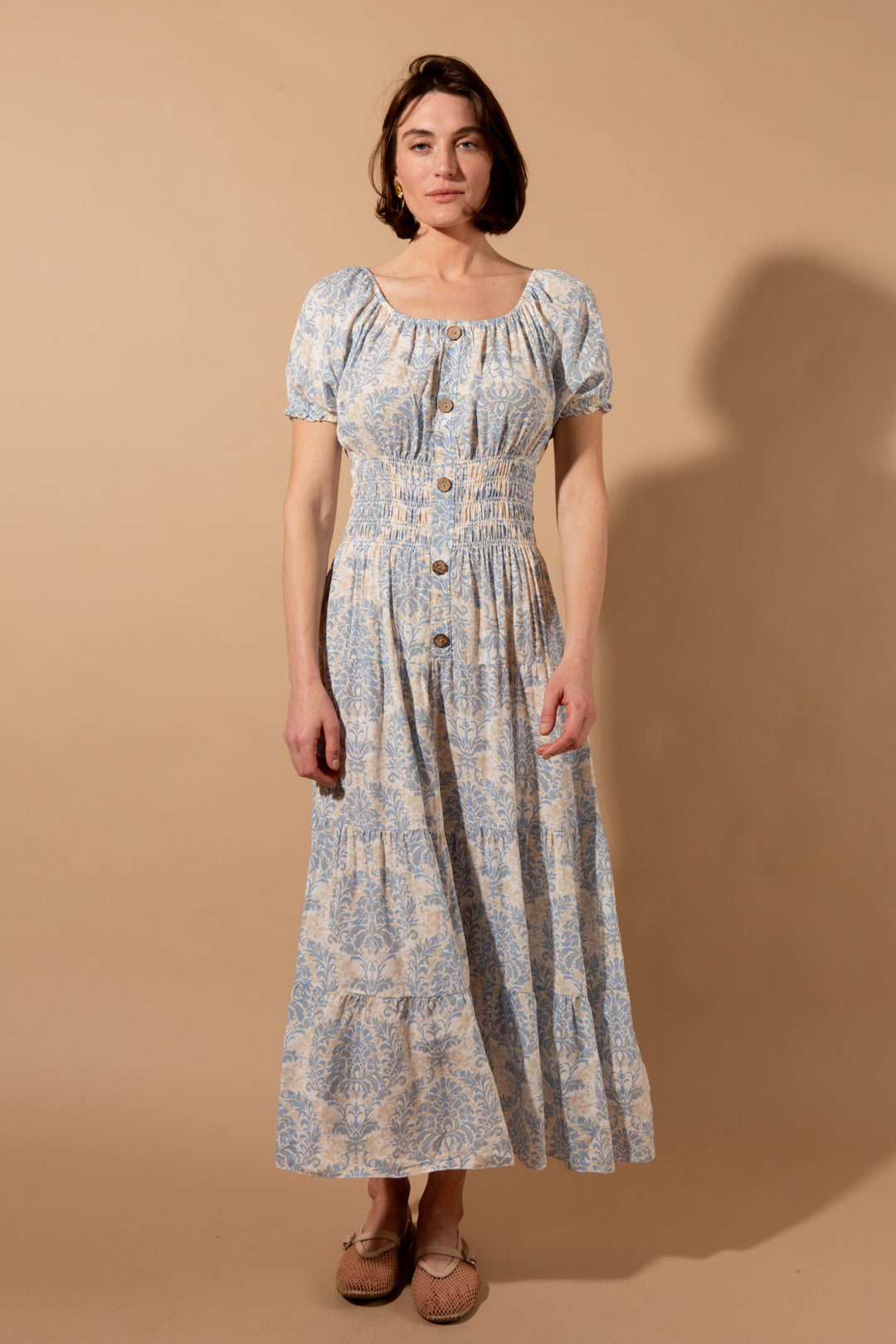 Button Front Puff Sleeve Dress