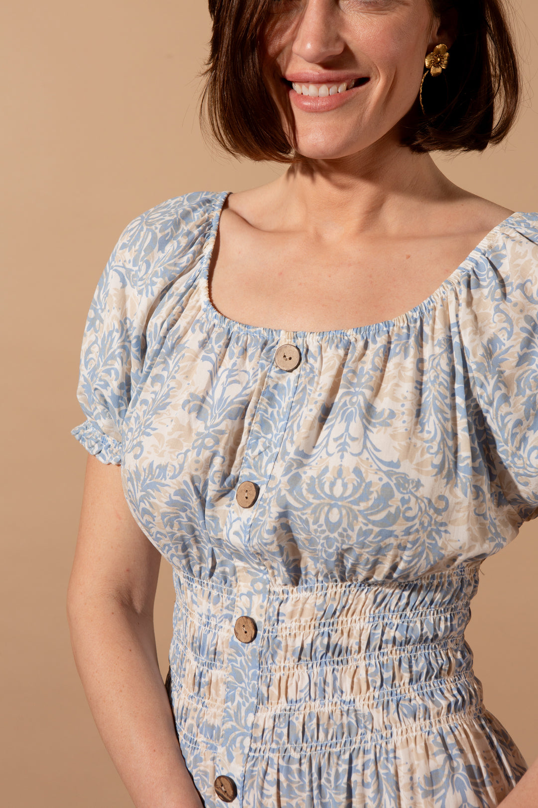 Button Front Puff Sleeve Dress
