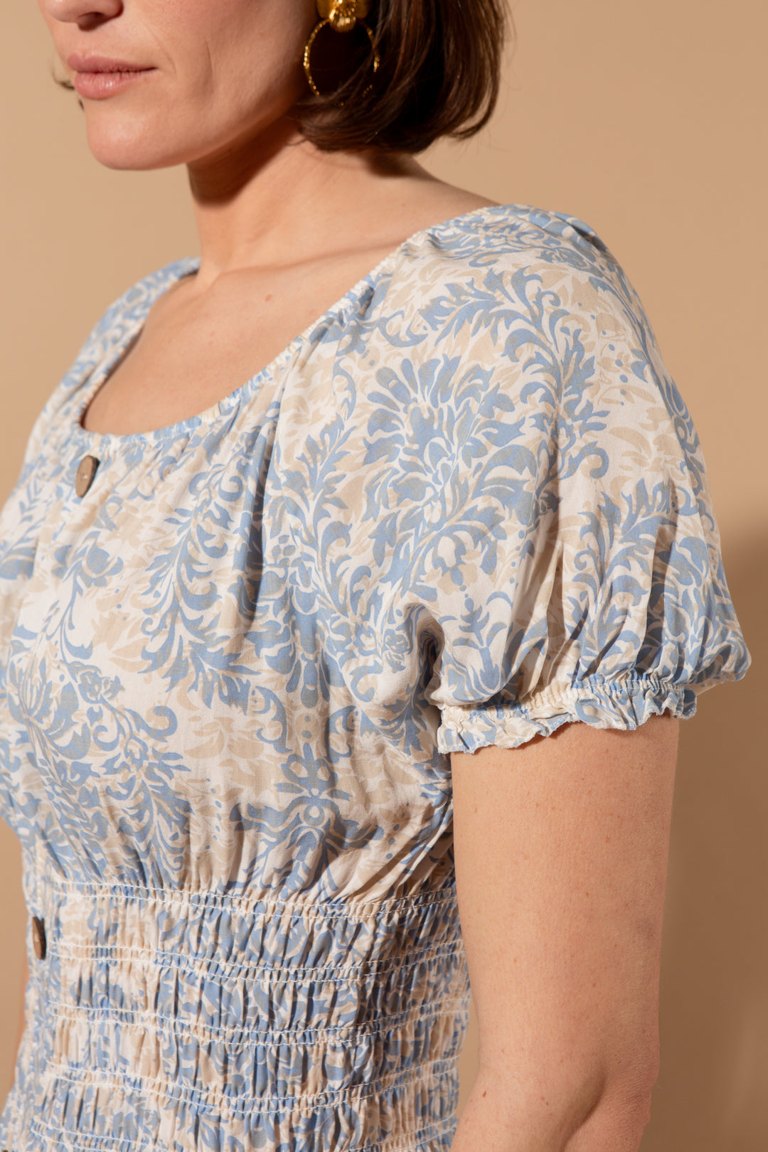 Button Front Puff Sleeve Dress