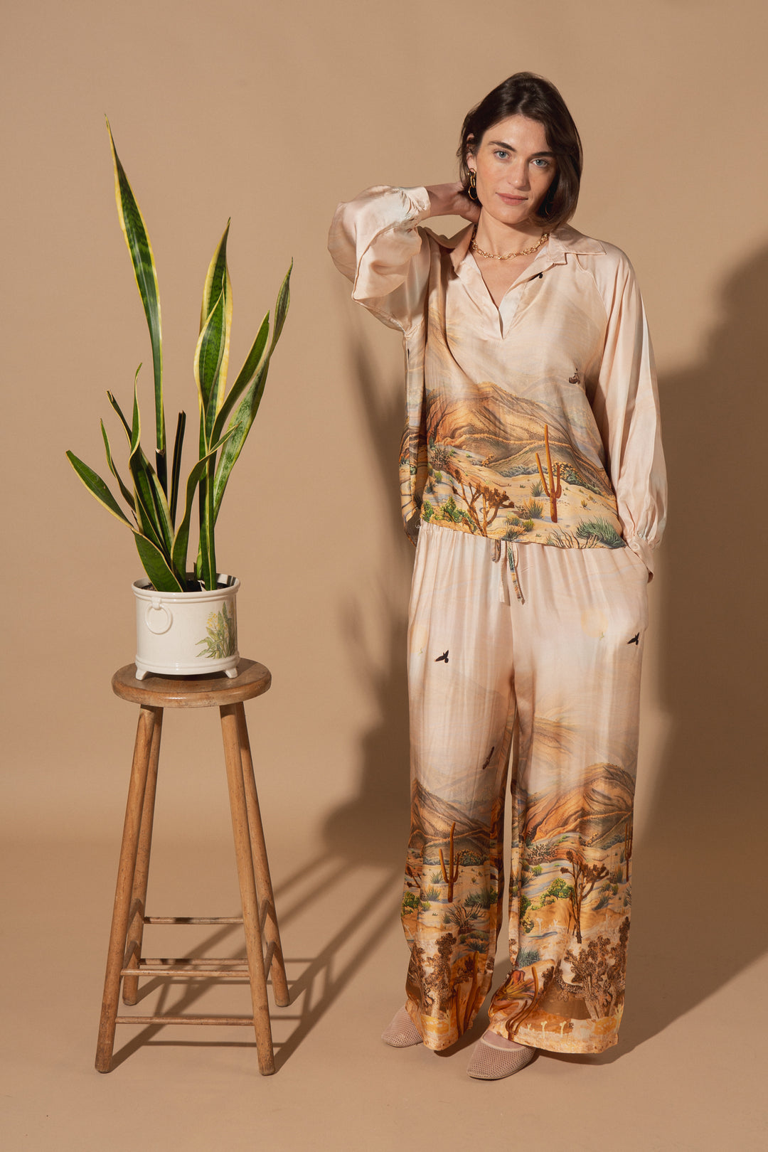 Cactus Print Silk Trousers