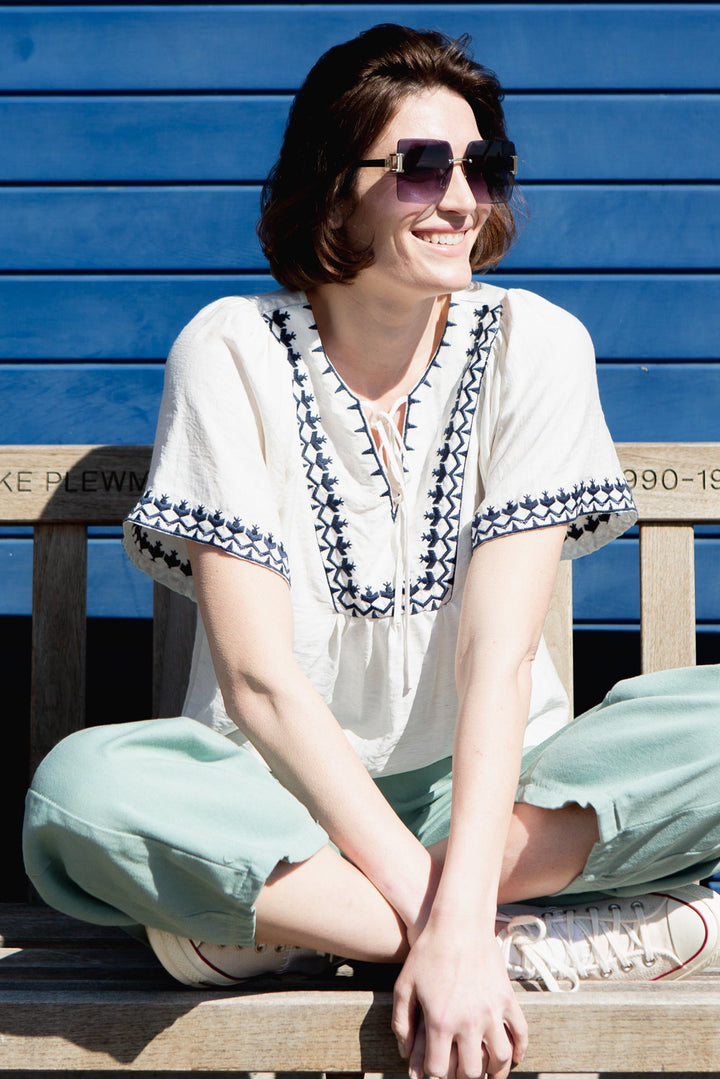Linen Blend Embroidery Detail Top