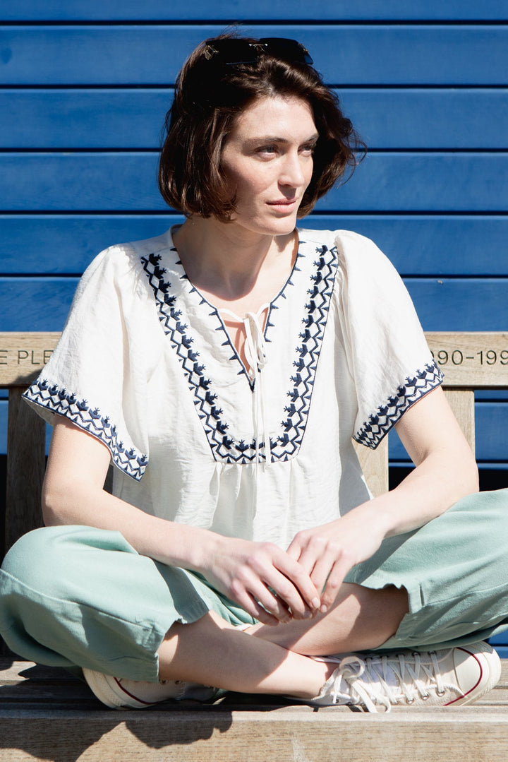 Linen Blend Embroidery Detail Top