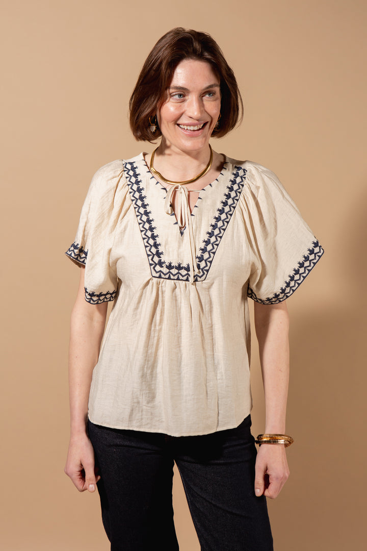 Linen Blend Embroidery Detail Top