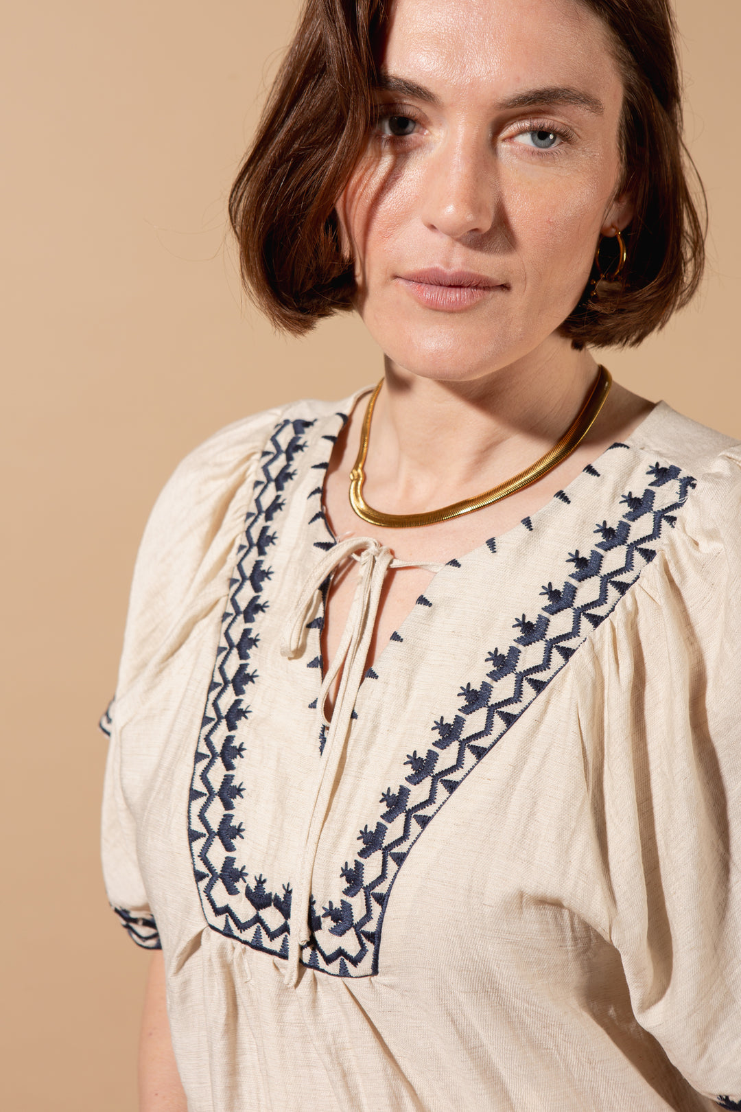 Linen Blend Embroidery Detail Top