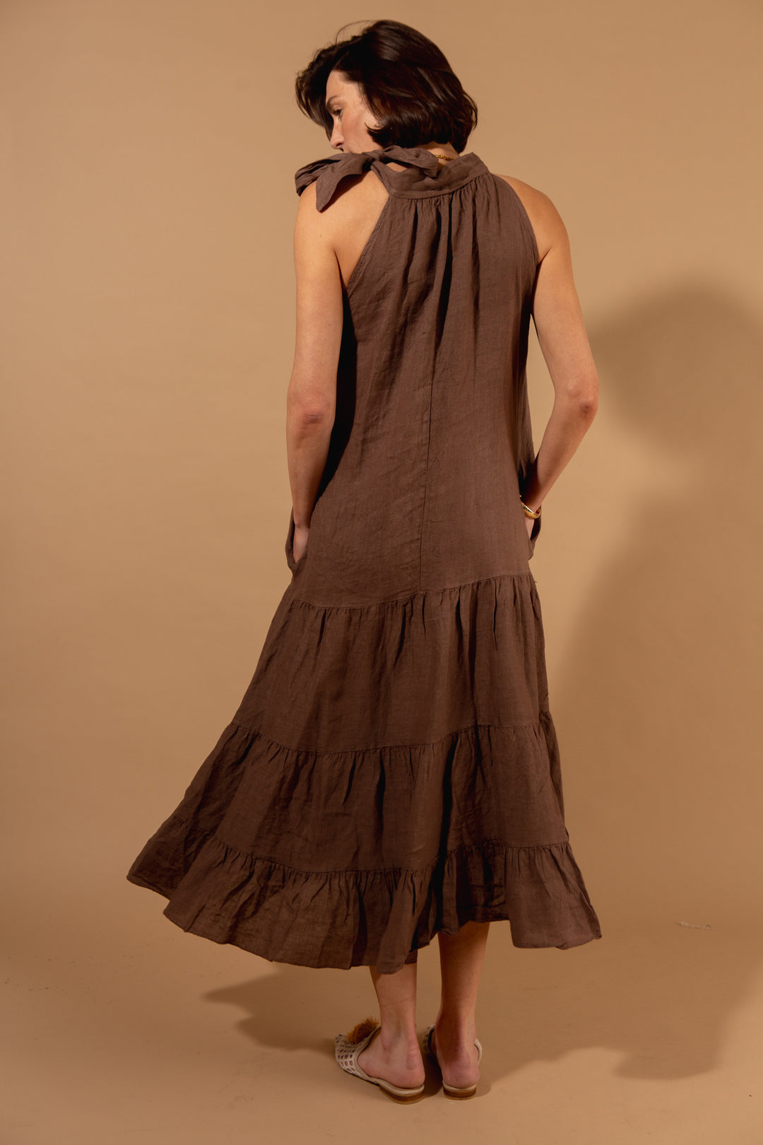 Linen Bow Neck Tiered Dress
