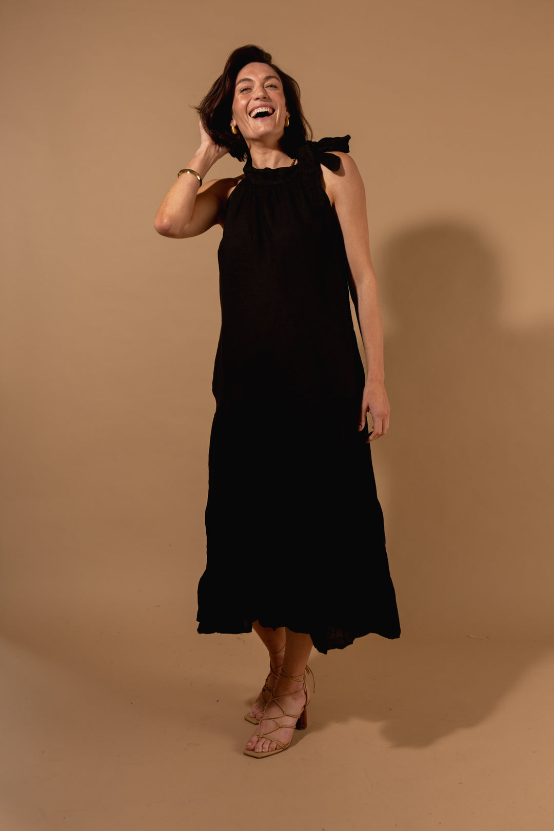 Linen Bow Neck Tiered Dress