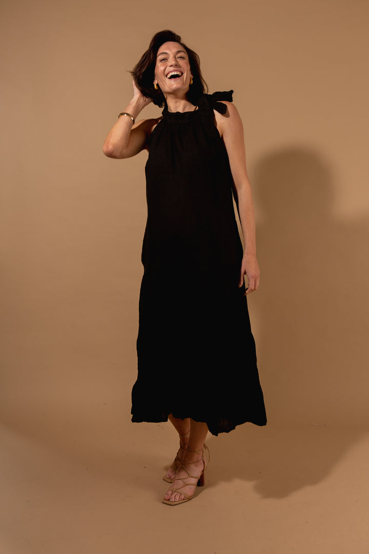 Linen Bow Neck Tiered Dress
