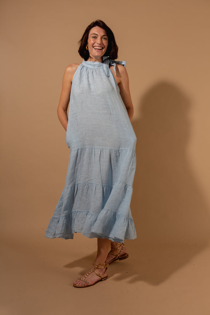 Linen Bow Neck Tiered Dress