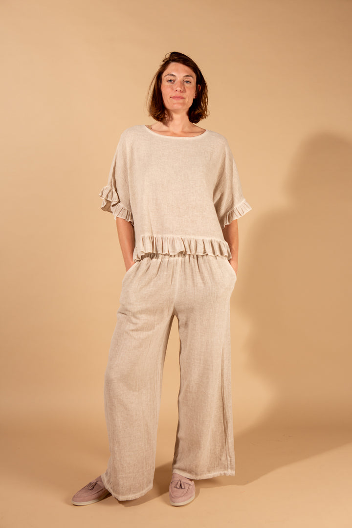 Linen Blend Ruffle Hem Top