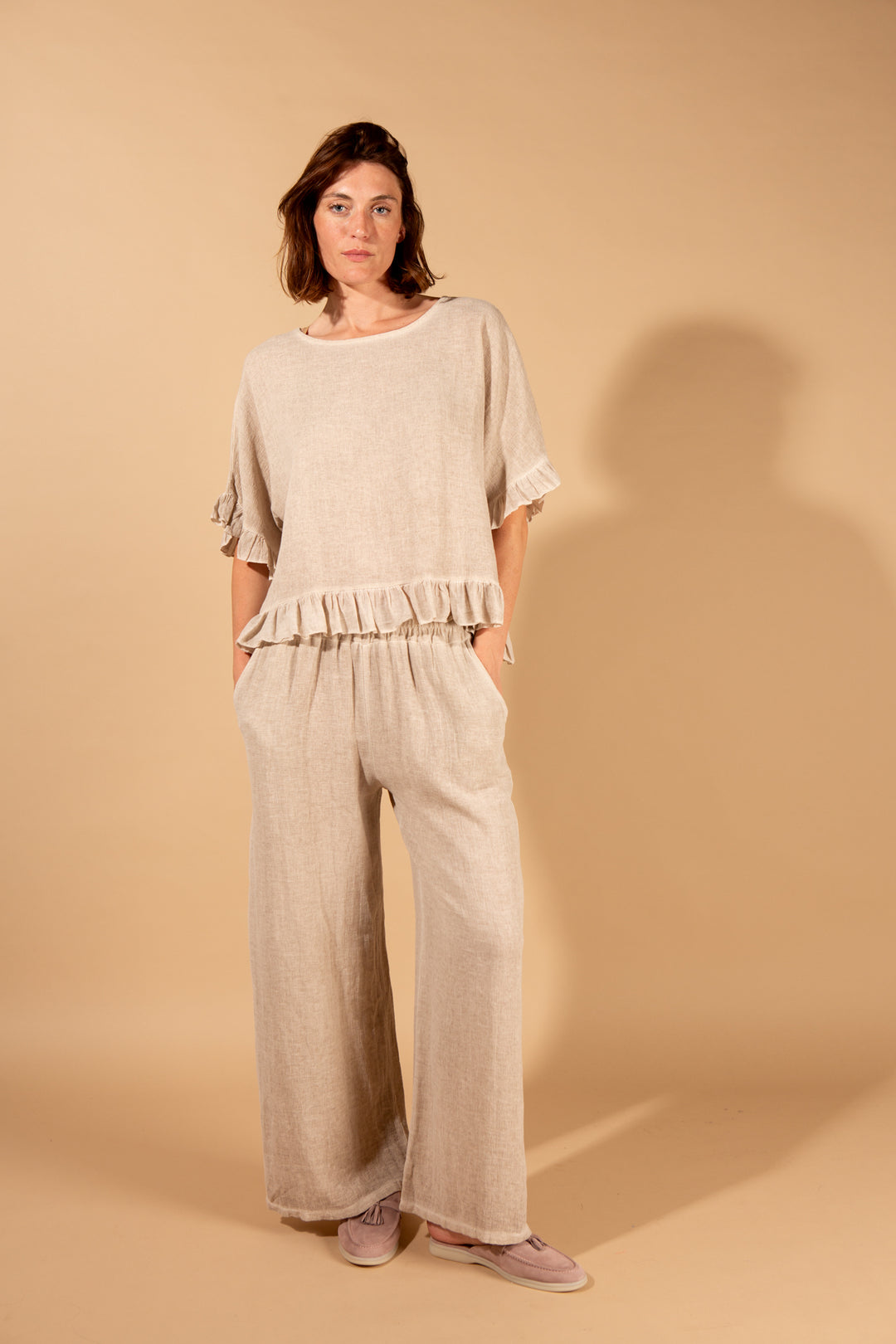 Linen Blend Ruffle Hem Top