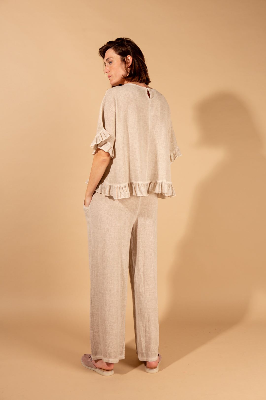 Linen Blend Ruffle Hem Top